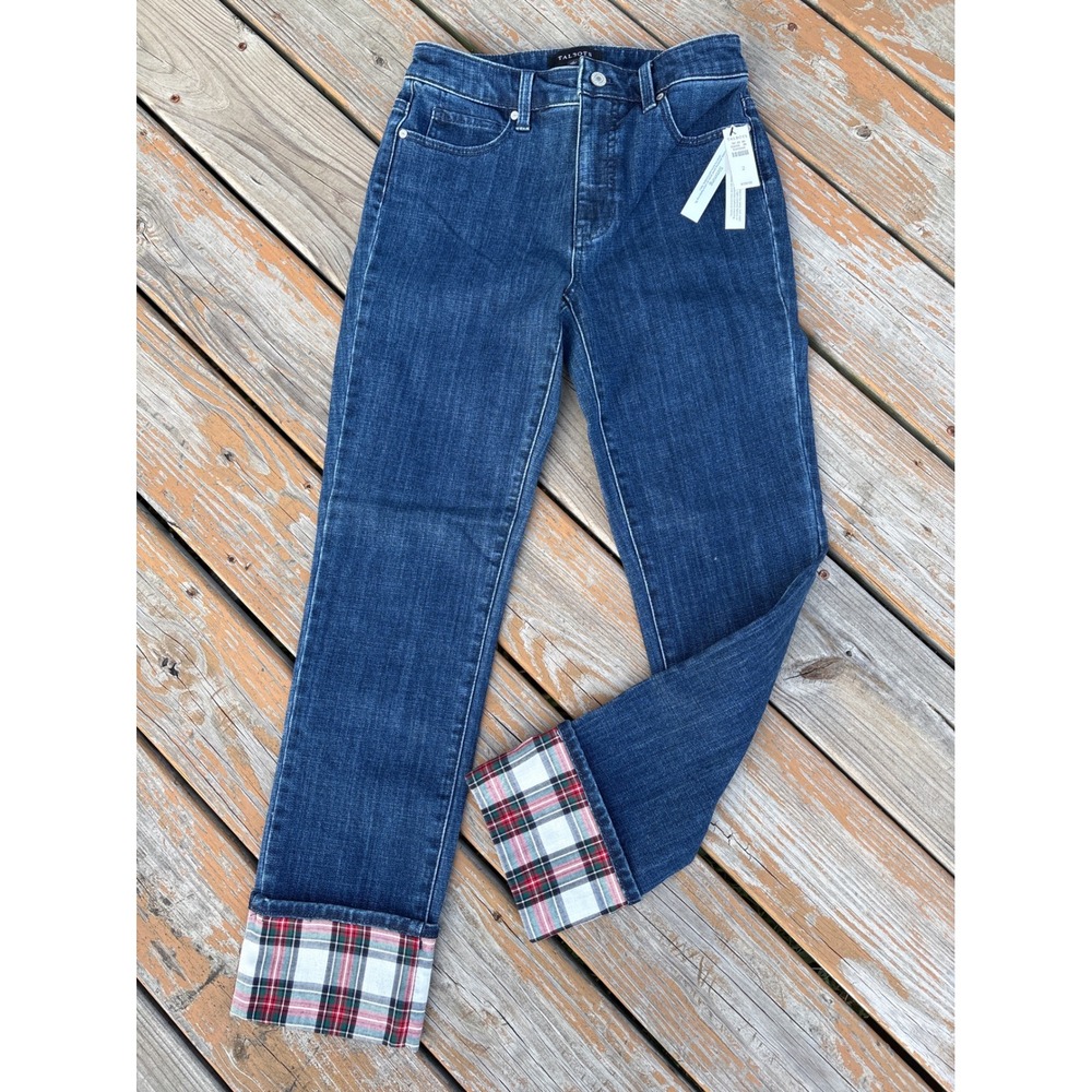 Talbots Womens Slimming Straight Leg Jeans Plaid Cuff Indigo Blue Size 2 NEW